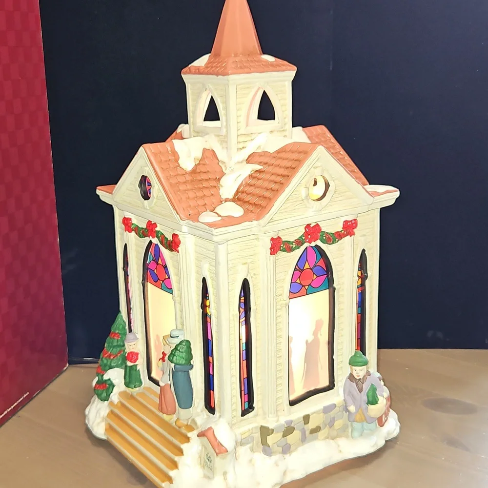 Vintage Village Square Lighted Silhouette Church Ceramic Hand Painted 16"×8" - Picture 6 of 9